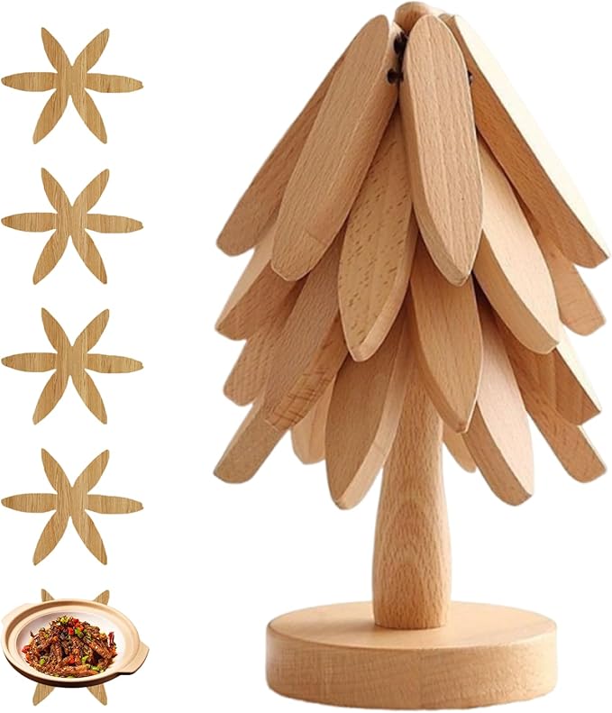 Wooden Trivets for Hot Dishes, Tree Shape Trivet Set, for Hot Dishes, Pot, Bowl, Teapot, 5 Wooden Trivets+1 Stand, Like a Christmas Tree, Natural Foldable Kitchen Wooden Trivet (Wood Color)