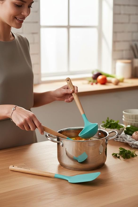 Silicone Cooking Spoons, 3-Piece Nonstick Utensil Set with Acacia Wood Handles - Heat-Resistant for Frying, Serving & Turning Spatula