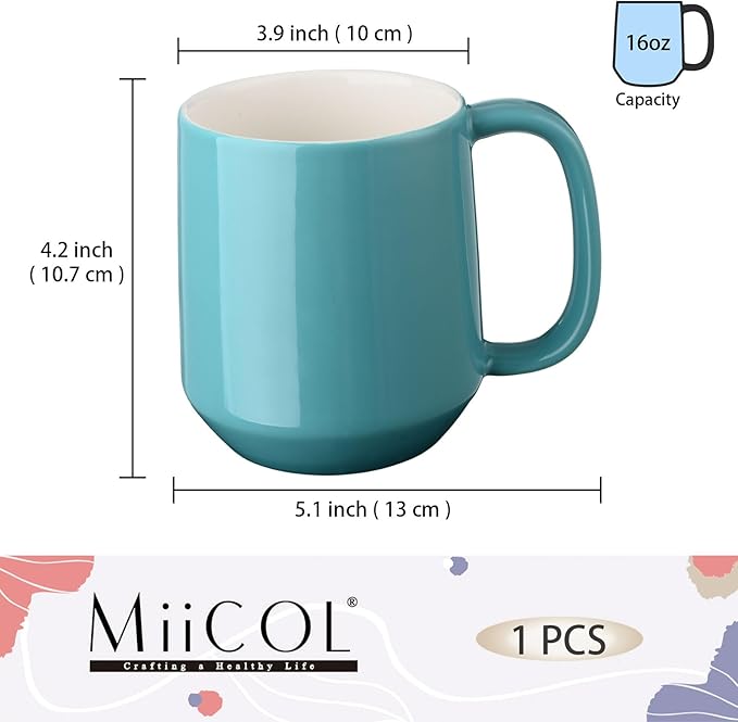 Miicol Ceramic Coffee Mug, 16 oz Large Coffee Cup, Tea Mug with Handle, Flat Bottom Mug for Men, Women, Office, Microwave and Dishwasher Safe, Multi-Color, Mint Blue