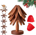 Christmas Tree Trivets Set of 4 for Hot Dishes, Natural Tree Trivet Set - 4 Wooden Trivets & 1 Stand Like a Christmas Trees, Kitchen Counter Decor Tools, Artisanal Wooden Coasters(Walnut-1pc)