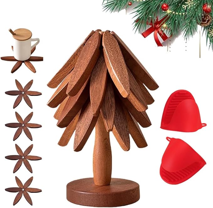 Christmas Tree Trivets Set of 4 for Hot Dishes, Natural Tree Trivet Set - 4 Wooden Trivets & 1 Stand Like a Christmas Trees, Kitchen Counter Decor Tools, Artisanal Wooden Coasters(Walnut-1pc)