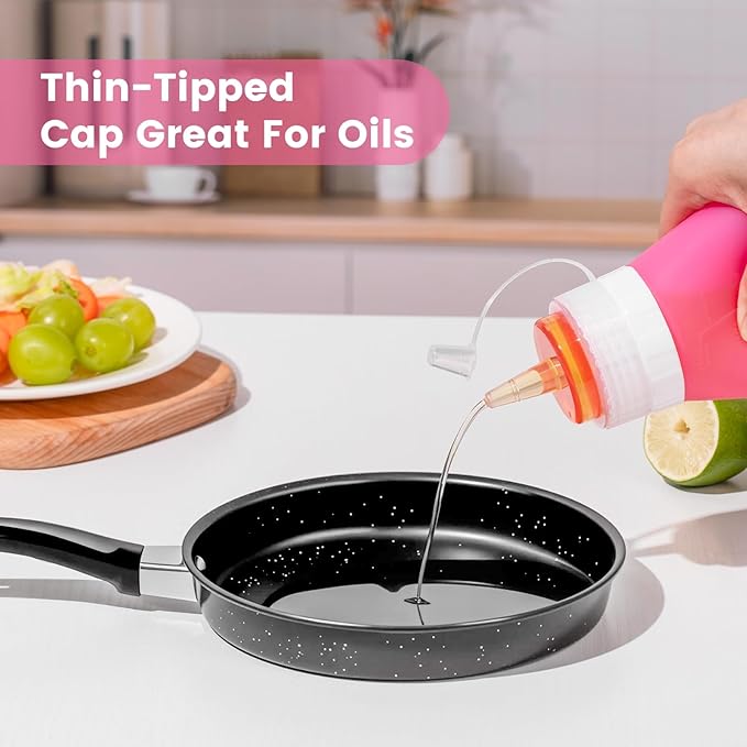 Condiment Squeeze Bottles, 16 oz Silicone Squeeze Bottles For Sauces, Leak Proof Condiment Containers with Extra Interchangeable lid, Easy Squeeze for Oil, Honey & Dressings, BPA FREE (4 Pack)