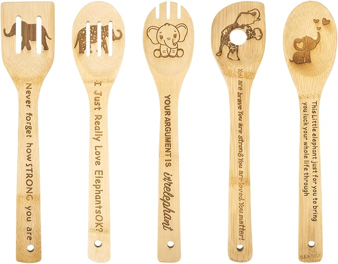 5PCS Elephant Wooden Cooking Spoons Set - Elephant Gifts & Kitchen Decor - Bamboo Cooking Utensils
