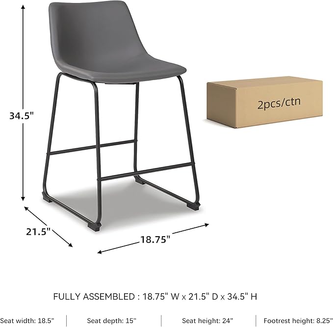 Signature Design by Ashley Centiar Modern Faux Leather 23.75" Counter Height Bucket Seat Barstool, Tubular Metal Base, Footrest for Comfort, Set of 2, Gray