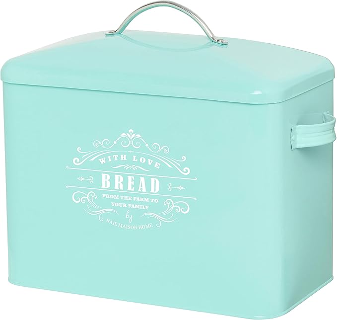 Extra Large Teal Farmhouse Bread Box for Kitchen Countertop - Breadbox Holder Fits 2+ Loaves - Bread Storage Container Bin - Rustic Bread Keeper Vintage Metal Kitchen Decor for Counter(Bread Box)