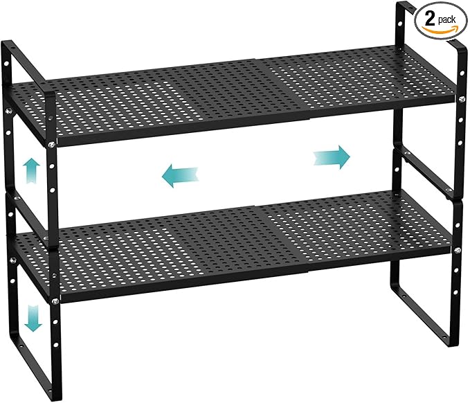 Cabinet Organizer Shelves,Expandable Spice Racks,Stackable Storage Shelves Space Saving for Countertop,Cabinet,Organization,Pantry,Bathroom Organization,Black,2 Packs