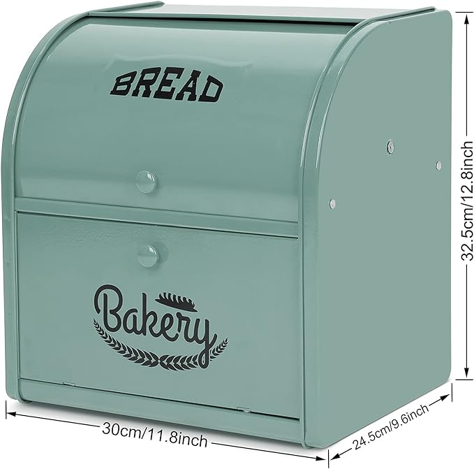 Stainless Steel Bread Box, 2 Layer Roll Top Bread Boxes, Large Capacity Food Storage Container for Kitchen Counter, Metal Bread Bin, Bread Holder for Countertop 11.8" x 9.6" x 12.8" (Green)