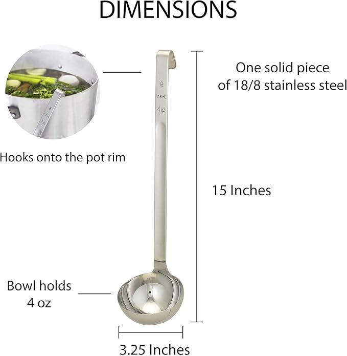 HIC Kitchen Single-Piece Stainless Steel Ladle, 18/8 Stainless Steel, 4-Ounce Capacity
