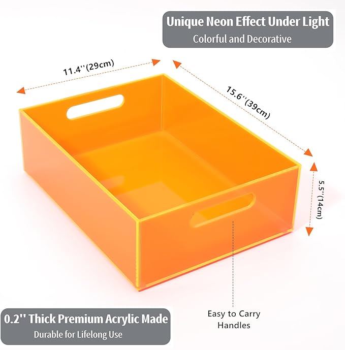 Large Storage Bin Acrylic Pantry Storage Container with Handles Kitchen Organizer Bin for Cabinet Cupboard Organization, Heavy Duty, 15.4 x 11.4 x 5.5'', Neon Orange