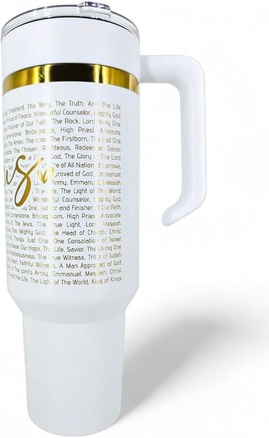 Christian Tumbler 40oz Stainless Steel Insulated Cup with Straw & Handle – Scripture Design Featuring Names of Jesus (Savior, Redeemer, Prince of Peace, Light of the World) (Jesus)