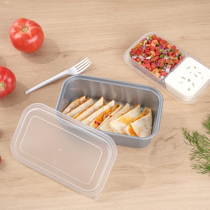 Restaurantware Futura 43.9 Ounce Meal Prep Containers With Lids 100 Microwavable To Go Containers - Inserts Sold Separately Disposable Silver Plastic Food Containers With Lids
