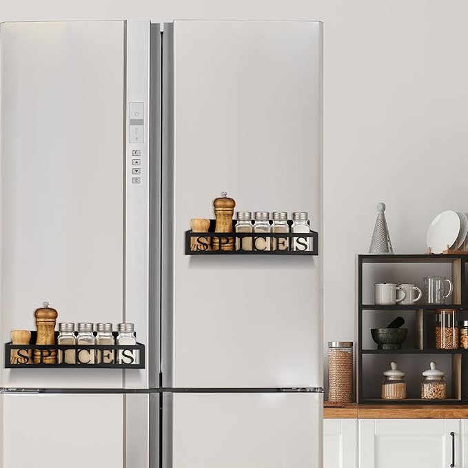 2 Pack Spices Magnetic Spice Rack for Refrigerator Metal Magnet Basket Shelf for Fridge Seasoning Storage Organizers Home Decor Kitchen Accessories (Black)