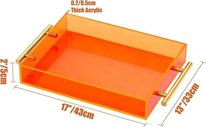 Acrylic Serving Tray with Handles Large Ottoman Food Decorative Tray for Coffee Table Tea Fruit Snack Kitchen Bar Platter, 17x13’’, Neon Orange