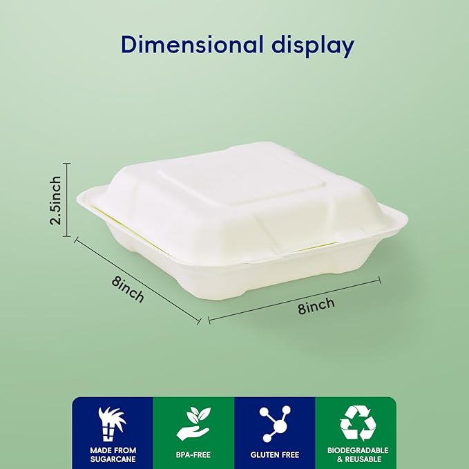 JOLLY CHEF Clamshell Take Out Food Containers, [8 * 8" 50-Pack] 3-Compartment To Go Containers Disposable, Sugarcane To Go Boxes for Salad,Lunch