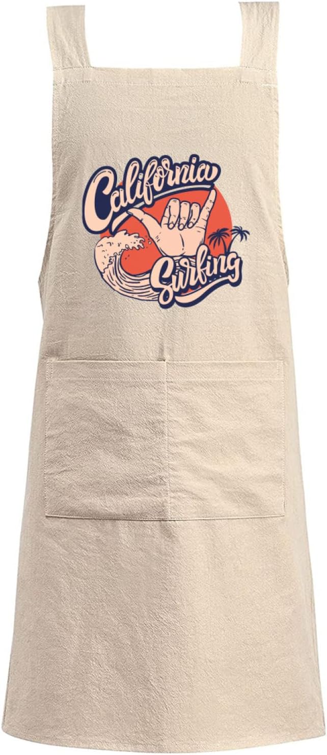 Cotton Linen Apron Non-tie Cross Back Kitchen Apron with Pockets Soft Comfortable Durable for Cooking Baking Gardening (Khaki)