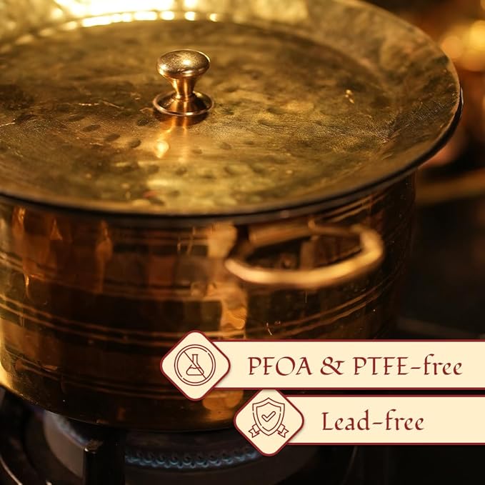 P-TAL Brass Stock Pot with Lid Naturally Nonstick and Toxin Free Pasta Pot Multipurpose Cooking Pot, PFOA and PTFE Free (1 Quart)