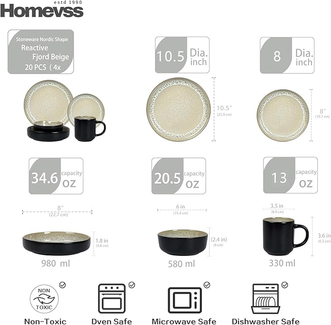 HomeVss 20-Piece Dinnerware Set - Serves 4, Reactive Glaze Bubble Beige Plates & Bowls Set | Microwave & Dishwasher Safe Dishes Set
