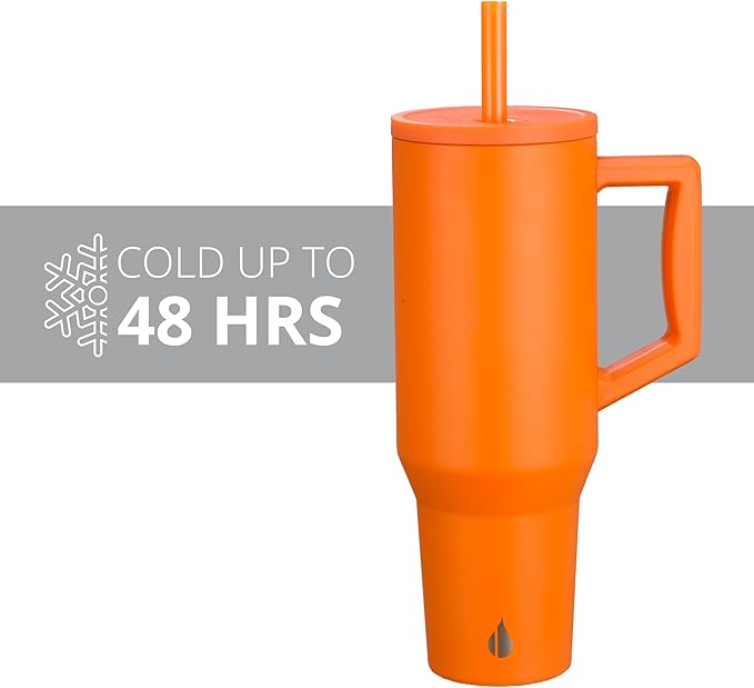 Elemental 40 oz Tumbler with Handle and Straw - Spill Proof Insulated Stainless Steel Commuter for Hot and Cold Beverages - Travel Coffee Mug with 2 Straws & Spill Proof Lid - 40oz - Orange