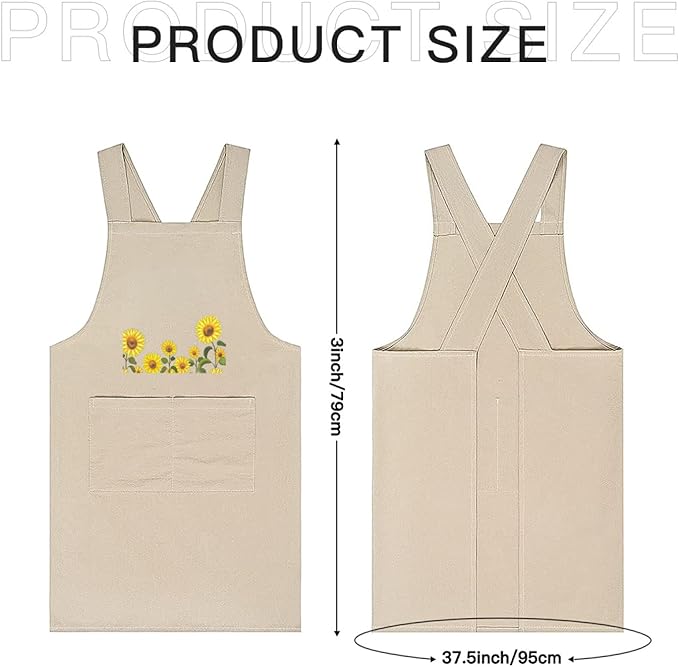 Cotton Linen Apron Non-tie Cross Back Kitchen Apron with Pockets Soft Comfortable Durable for Cooking Baking Gardening (Khaki,Sunflower)