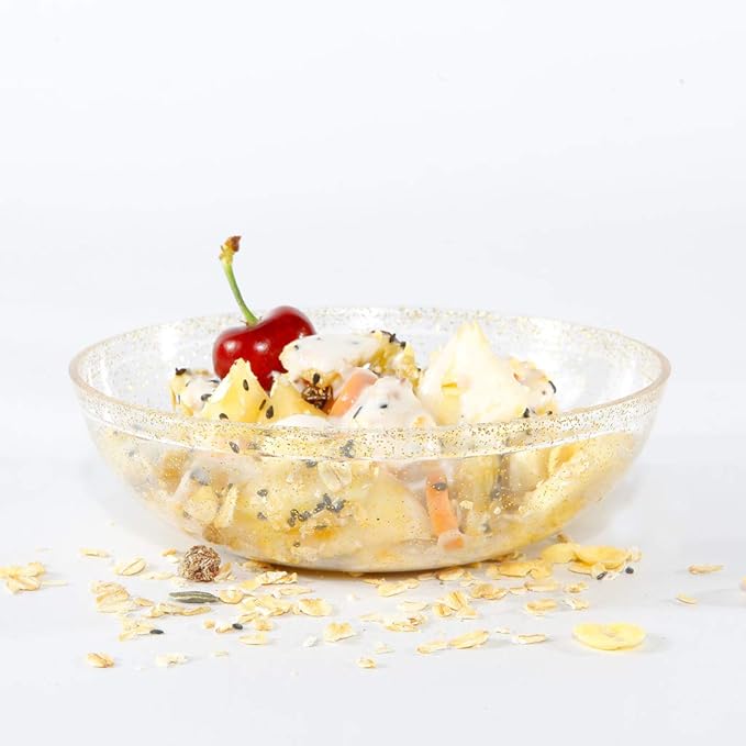bUCLA 50Pack Gold Glitter Plastic Bowls - 10oz Disposable Crystal Salsa/Dessert Bowls for Wedding & Party