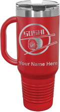 LaserGram 40oz Vacuum Insulated Travel Mug with Handle, Sushi, Personalized Engraving Included (Red)