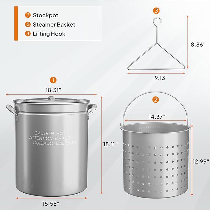 Bonnlo 62QT Stainless Steel Stock Pot for Boiling Seafood, Crawfish lobster & Crab, Frying Turkey & Steaming Tamales, Large Boil Pot with Steamer Basket, Lid, Lifting Hook for Outdoor Cooking Backyard