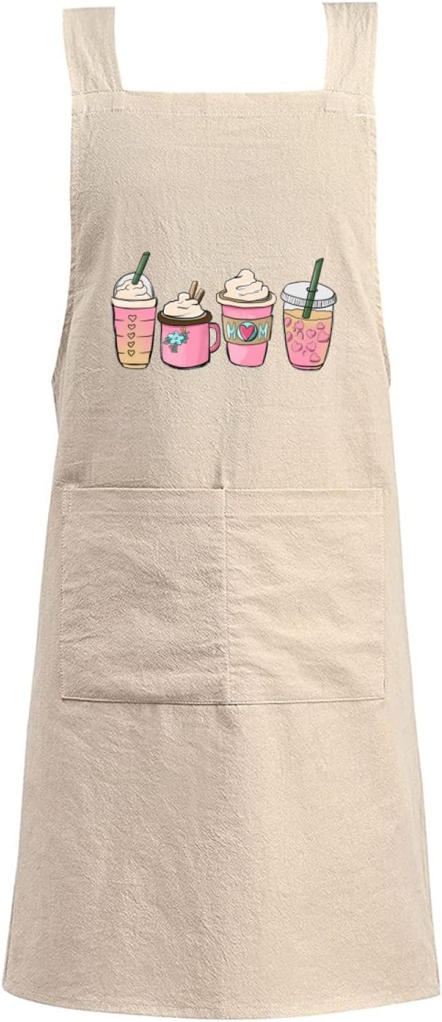 Cotton Linen Apron Non-tie Cross Back Kitchen Apron with Pockets Soft Comfortable Durable for Cooking Baking Gardening (Khaki)