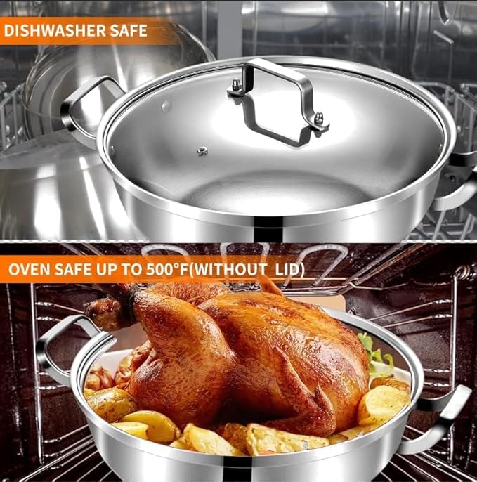 Delarlo Tri-Ply Stainless Steel 13 inch Everyday Pan with Glass Lid, Deep Saute Pan, High Side Kitchen Cooking Pot, Chef's Pans, Induction Deep Frying Pan, 5QT Stock Pot, Up to 550℉