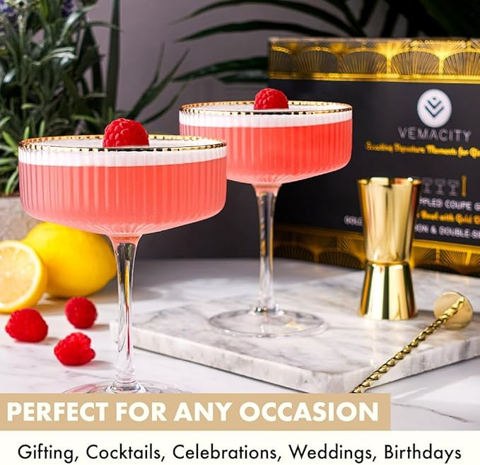 VEMACITY - Ribbed Espresso Martini Glasses Set of 4 with Gold Rims - Vintage Cocktail Glasses for Margaritas, Champagne and More - Includes Jigger & Bar Spoon | Ideal for Christmas & New Years