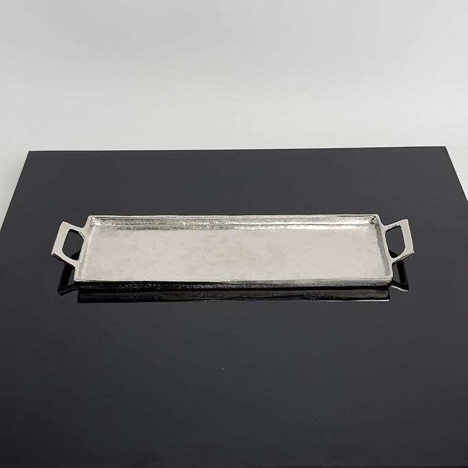 India Handicraft Modern Classic Decorative Serveware 17 x 5.5 Inch Aluminum Textured Rectangular Tray with Handles, Silver Tone