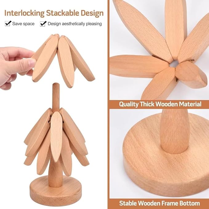 Christmas Tree Trivets Set of 4 for Hot Dishes, Natural Tree Trivet Set - 4 Wooden Trivets & 1 Stand Like a Christmas Trees, Kitchen Counter Decor Tools, Artisanal Wooden Coasters(Burlywood-1pc)