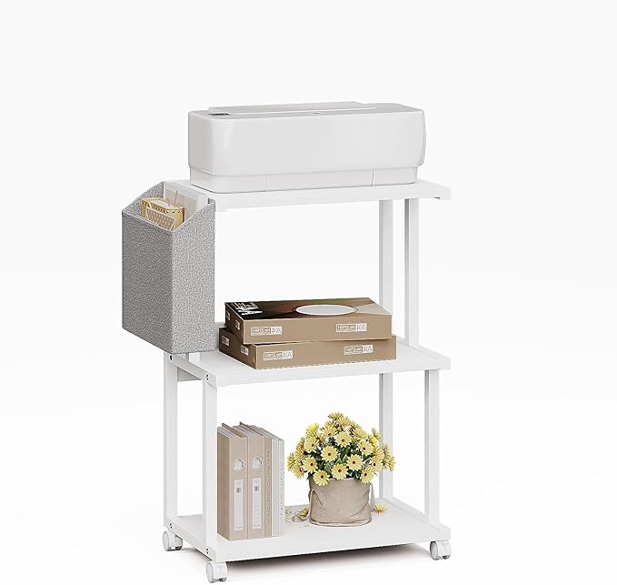Ostreeful 3 Tier Printer Stand Printer Mobile Wooden Printer Shelf Table Organizer for Home Office Kitchen (Modern White)