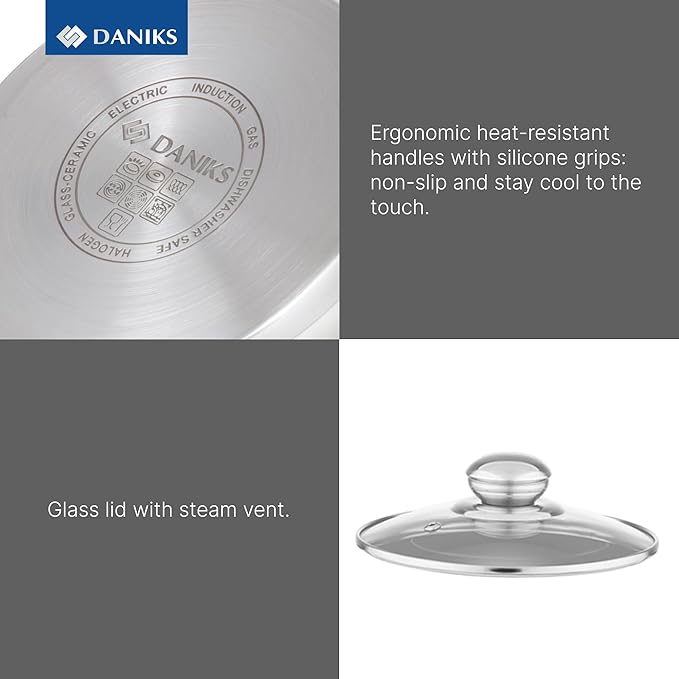 Daniks Classic 11-Piece Stainless Steel Cookware Set with Glass Lids, Includes Saucepan and Frying Pan with Lid, Tri-Ply Bases for Even Heating, Induction Compatible, Dishwasher Safe