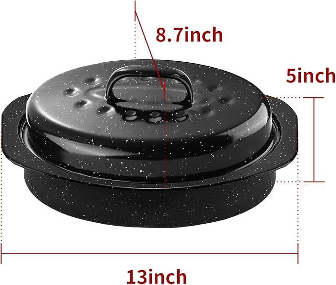 13Inch Roasting Pan, Enamel on Steel, Black Covered Oval Roaster Pan with Lid, Small Cookware for Turkey, Small Chicken, Roast Baking Pan.