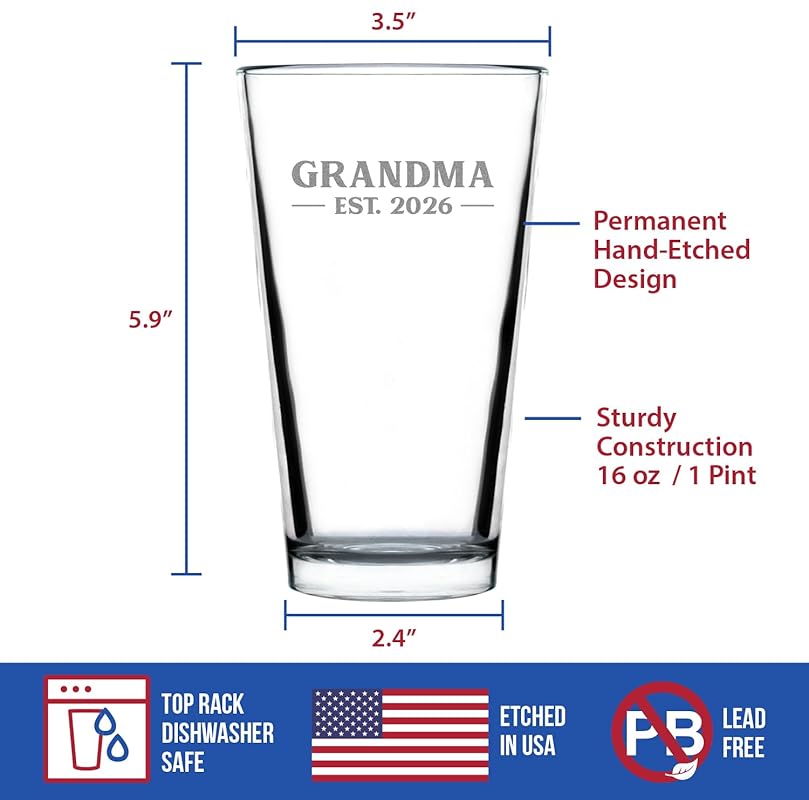 Grandma Est 2026 Pint Glass - New Grandmother Gift for First Time Grandparents - Bold 16 oz