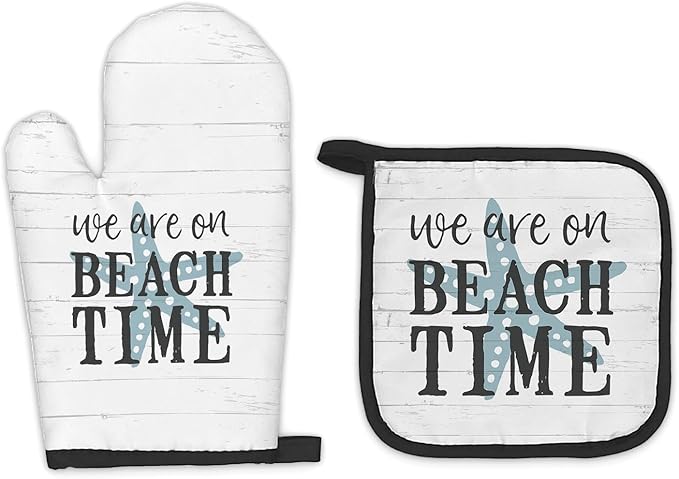 Beach Themed Gifts Oven Mitts and Pot Holders Sets, Coastal Beach House Kitchen Accessories Sets, Rustic We are on BeachTime Heat Resistant Oven Glove Potholders for Kitchen Cooking Baking BBQ