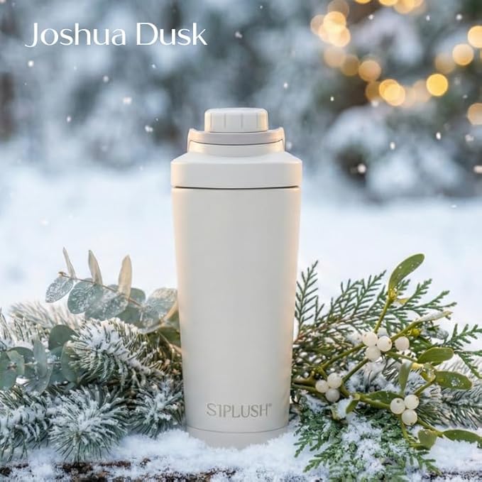 Paradise Shaker Bottle 24 oz, Insulated Stainless Steel Protein Shaker, Dishwasher Safe, with Lid Brush & Protective Boot, Leakproof Twist-Off Chug Cap, Warm Gray, Joshua Dusk