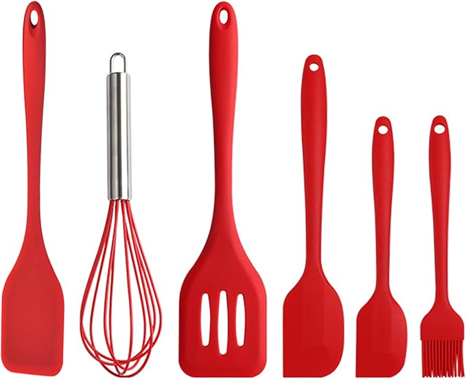 Gullor Silicone Kitchen Utensils Baking Tool Set, Cooking Spoon, Spatula, Whisk, Brush, Scraper, 6 Pieces in Set, Red