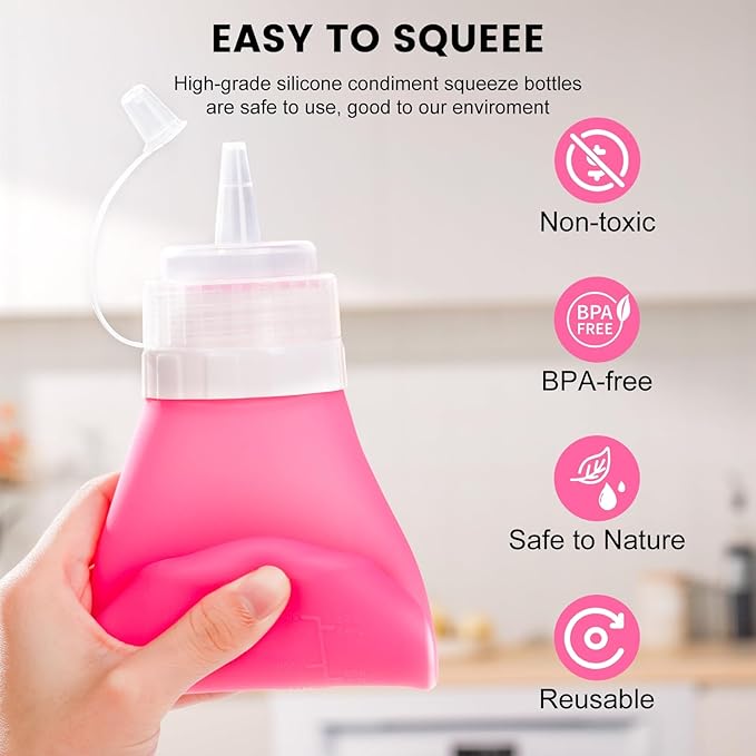 Condiment Squeeze Bottles, 16 oz Silicone Squeeze Bottles For Sauces, Leak Proof Condiment Containers with Extra Interchangeable lid, Easy Squeeze for Oil, Honey & Dressings, BPA FREE (4 Pack)