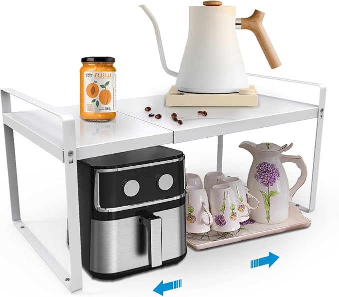 11'' Wide Expandable Cabinet Shelf Organizer Rack Adjustable Length 14''-26'' Pantry Shelf Spice Rack Heavy Duty Nonslip Kitchen Counter Storage Shelves Pantry Cupboard Under Sink Countertop, White