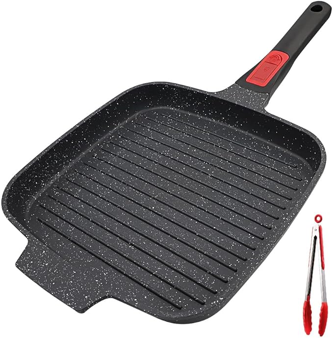 Griddle Pan with Detachable Handle, 10 Inch Cast Aluminium Non Stick Steak Pan for Induction Hob, Black