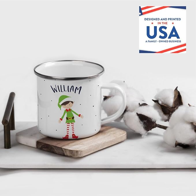 Andaz Press Personalized 11oz. Kids Christmas Hot Chocolate Stainless Steel Campfire Coffee Mug, Green Boy Xmas Elf Standing 1-Pack, Custom Birthday Xmas Cup Kids Mugs For Hot Chocolate Christmas Mugs