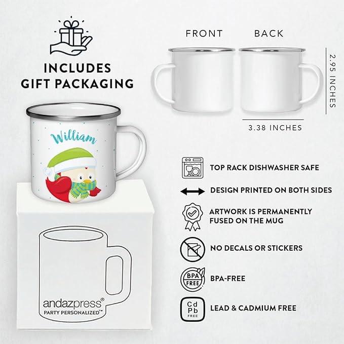 Andaz Press Personalized Name 11oz. Kids Christmas Hot Chocolate Stainless Steel Campfire Coffee Mug, Festive Red Owl Blue Green Scarf, 1-Pack, Custom Child’s Birthday Xmas Cup
