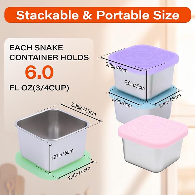 8 Pack Stainless Steel Snack Containers for Kids, 6oz Snack Box with Silicone Lids,Stackable Portable Small Food Storage Container for Picnic,Travel,School,Office,and Daycare