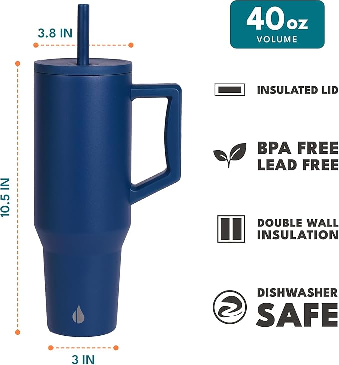 Elemental 40 oz Tumbler with Handle and Straw - Spill Proof Insulated Stainless Steel Commuter for Hot and Cold Beverages - Travel Coffee Mug with 2 Straws & Spill Proof Lid - 40oz - Navy Blue