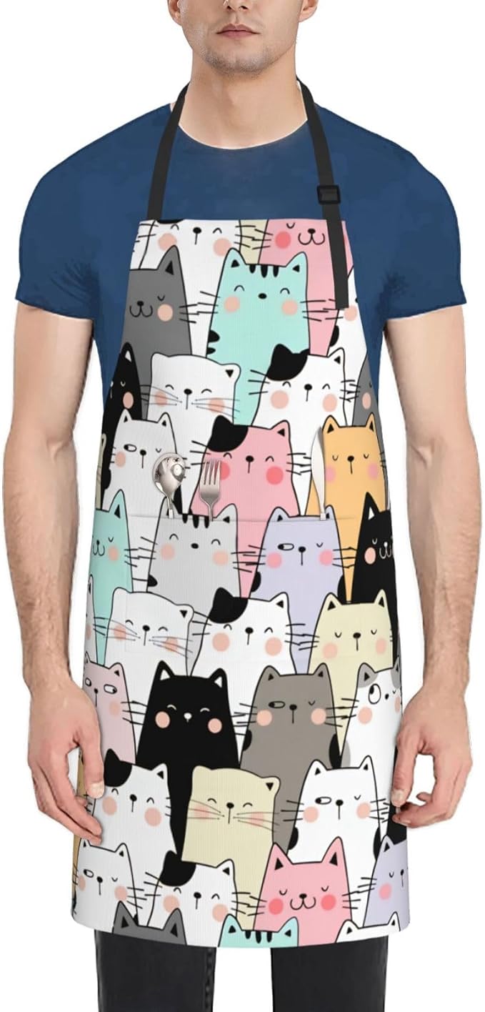 Cute Cat Apron Adjustable with 2 Pockets Cooking Kitchen Aprons for Men Women Outdoors Baking Chef Apron