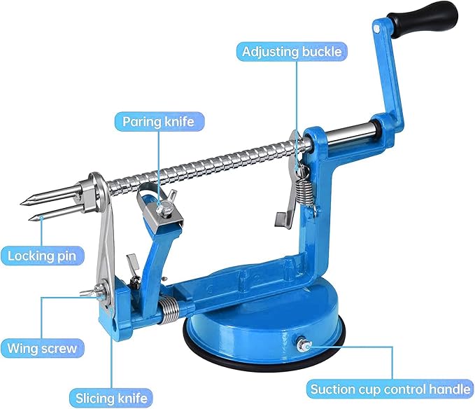 Apple Peeler, Slicer Corer Potato Peelers 3 In 1, Stainless Steel Heavy Duty with Suction Cup Base (Blue)