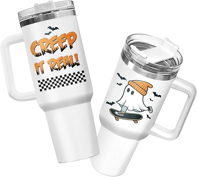 34HD Boo Ghost Tumbler with Handle & Straw, 40oz Skateboarding Cup, Creep It Real Mug, Skateboard Gifts for Boy Men Women, Cool Gifts for Halloween Birthday Halloween