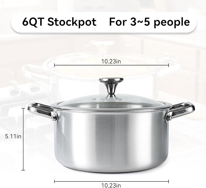 6QT Stainless Steel Stock Pot with Encapsulated Bottom & Lid - Professional Soup Pot - Nonstick Thick Bottom Stockpot for Cooking, Stewing, and Canning, Dishwasher Safe