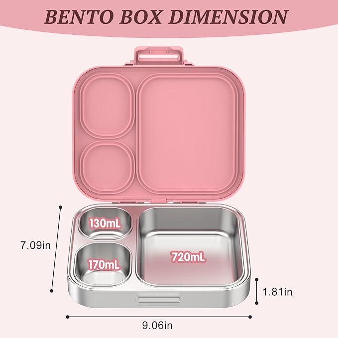 Stainless Steel Lunch Box, Leak-Proof with free sealing Bento Box 3 Compartments, Metal Lunchbox for Travel & Work, Eco-Friendly Meal Storage Solution Pink